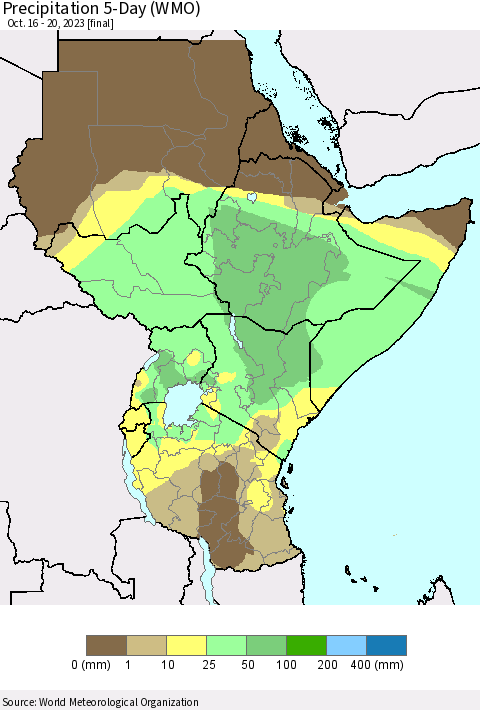 Eastern Africa Precipitation 5-Day (WMO) Thematic Map For 10/16/2023 - 10/20/2023