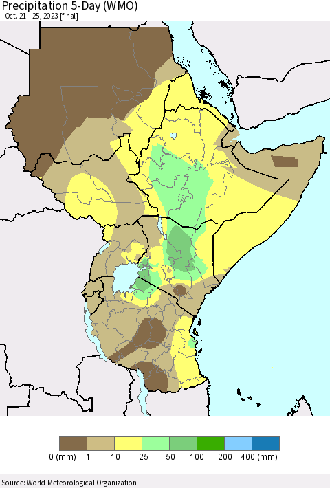 Eastern Africa Precipitation 5-Day (WMO) Thematic Map For 10/21/2023 - 10/25/2023