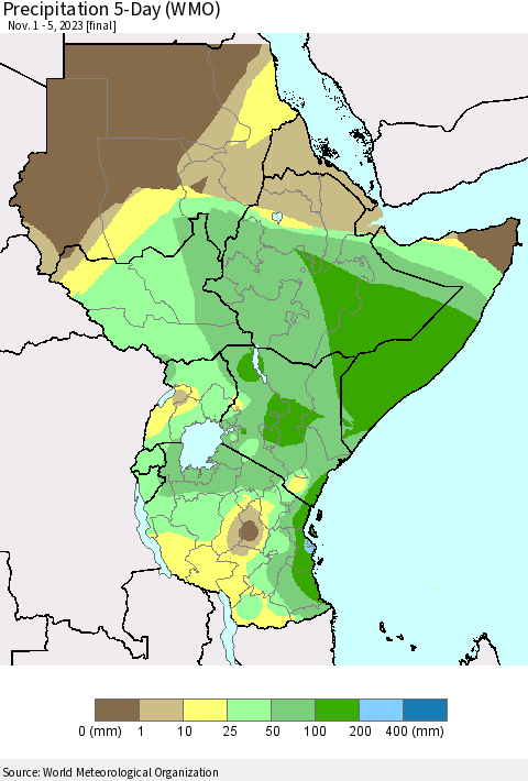 Eastern Africa Precipitation 5-Day (WMO) Thematic Map For 11/1/2023 - 11/5/2023