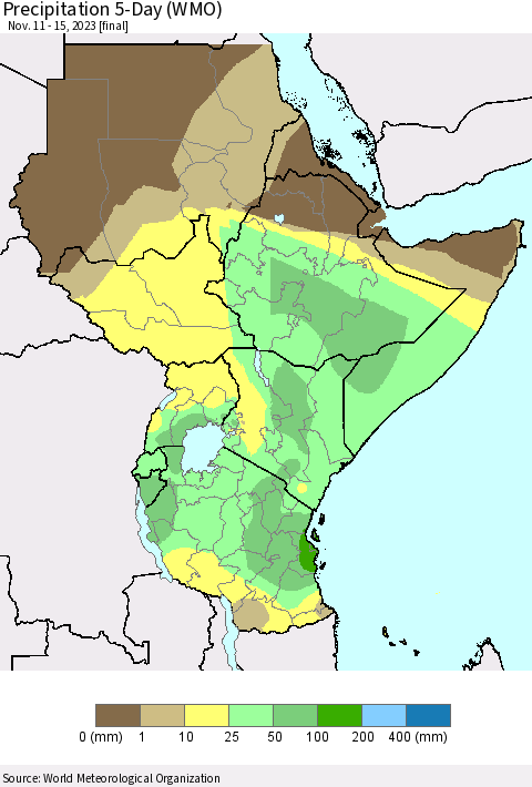 Eastern Africa Precipitation 5-Day (WMO) Thematic Map For 11/11/2023 - 11/15/2023