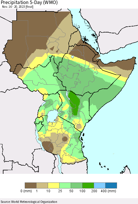 Eastern Africa Precipitation 5-Day (WMO) Thematic Map For 11/16/2023 - 11/20/2023