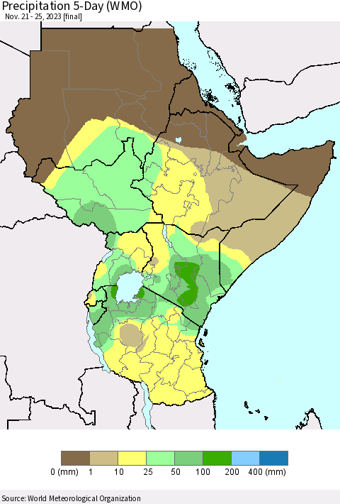 Eastern Africa Precipitation 5-Day (WMO) Thematic Map For 11/21/2023 - 11/25/2023