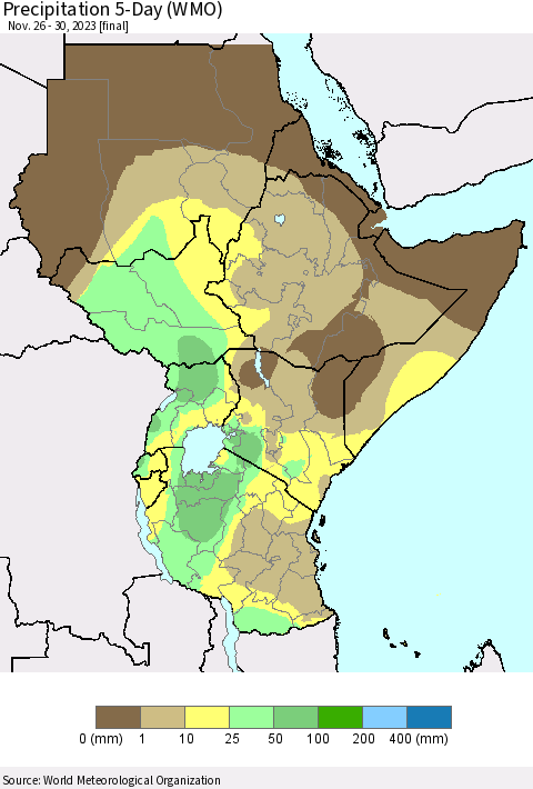 Eastern Africa Precipitation 5-Day (WMO) Thematic Map For 11/26/2023 - 11/30/2023