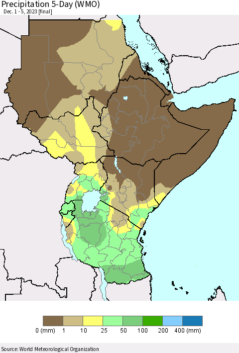 Eastern Africa Precipitation 5-Day (WMO) Thematic Map For 12/1/2023 - 12/5/2023