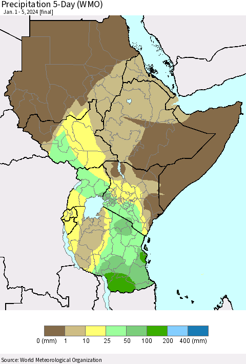 Eastern Africa Precipitation 5-Day (WMO) Thematic Map For 1/1/2024 - 1/5/2024