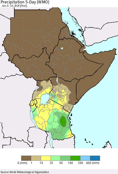 Eastern Africa Precipitation 5-Day (WMO) Thematic Map For 1/6/2024 - 1/10/2024