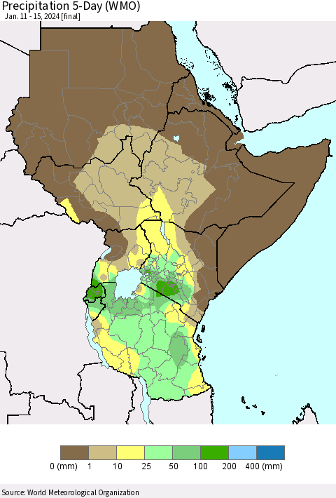 Eastern Africa Precipitation 5-Day (WMO) Thematic Map For 1/11/2024 - 1/15/2024