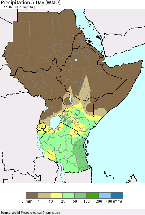 Eastern Africa Precipitation 5-Day (WMO) Thematic Map For 1/16/2024 - 1/20/2024