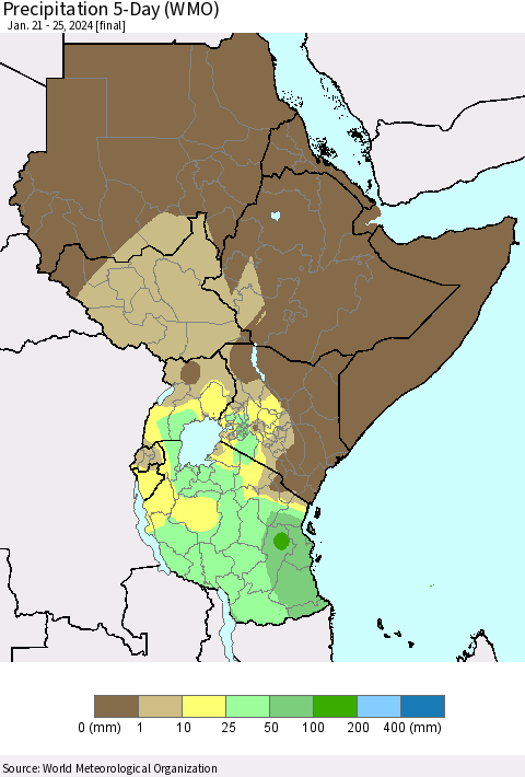 Eastern Africa Precipitation 5-Day (WMO) Thematic Map For 1/21/2024 - 1/25/2024