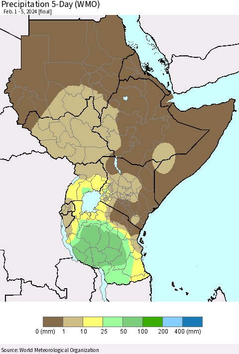 Eastern Africa Precipitation 5-Day (WMO) Thematic Map For 2/1/2024 - 2/5/2024