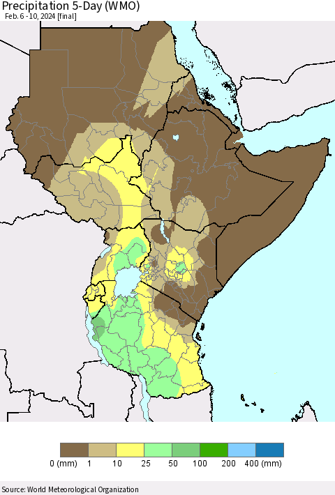 Eastern Africa Precipitation 5-Day (WMO) Thematic Map For 2/6/2024 - 2/10/2024