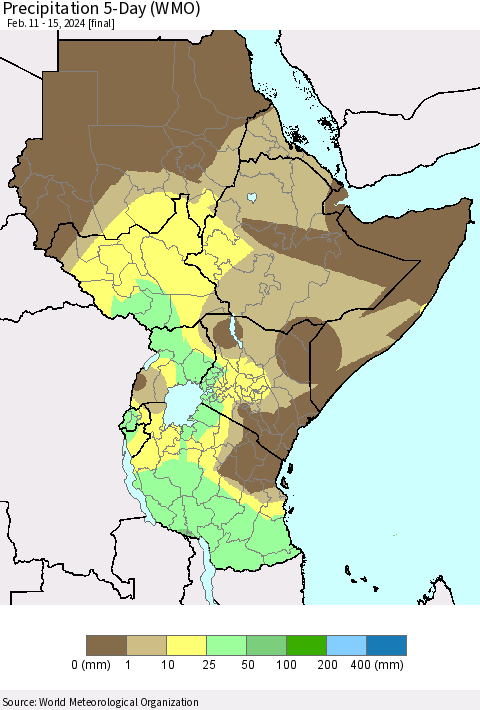 Eastern Africa Precipitation 5-Day (WMO) Thematic Map For 2/11/2024 - 2/15/2024