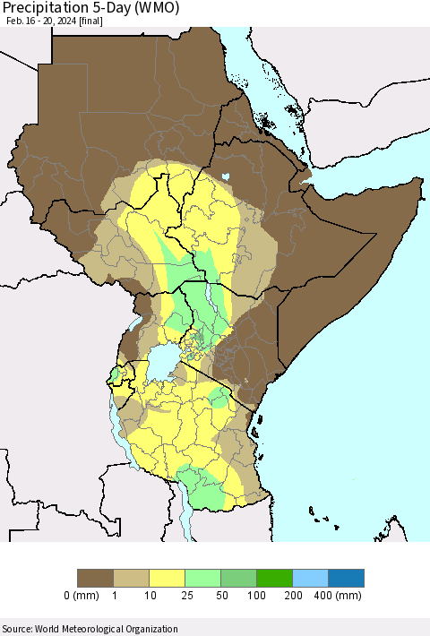 Eastern Africa Precipitation 5-Day (WMO) Thematic Map For 2/16/2024 - 2/20/2024