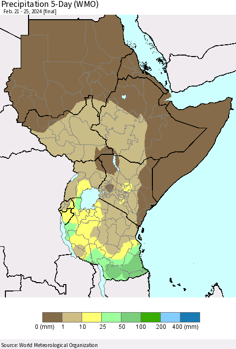 Eastern Africa Precipitation 5-Day (WMO) Thematic Map For 2/21/2024 - 2/25/2024
