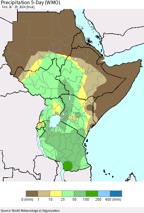 Eastern Africa Precipitation 5-Day (WMO) Thematic Map For 2/26/2024 - 2/29/2024