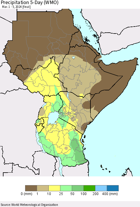 Eastern Africa Precipitation 5-Day (WMO) Thematic Map For 3/1/2024 - 3/5/2024