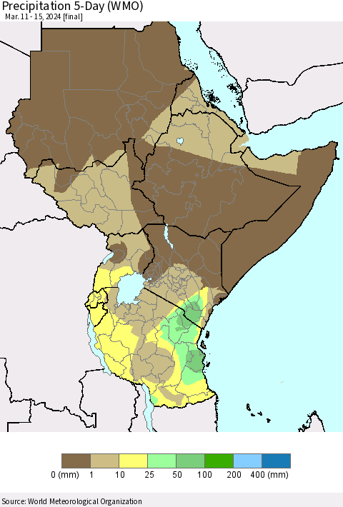 Eastern Africa Precipitation 5-Day (WMO) Thematic Map For 3/11/2024 - 3/15/2024