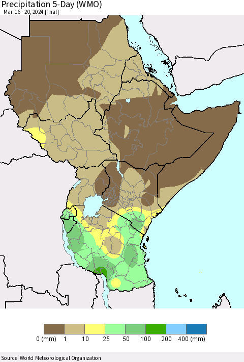 Eastern Africa Precipitation 5-Day (WMO) Thematic Map For 3/16/2024 - 3/20/2024
