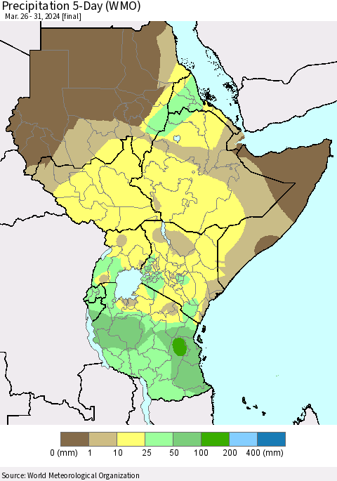 Eastern Africa Precipitation 5-Day (WMO) Thematic Map For 3/26/2024 - 3/31/2024