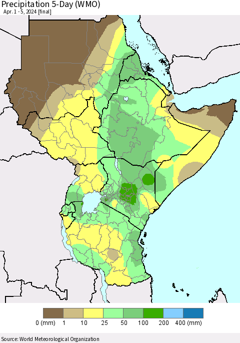 Eastern Africa Precipitation 5-Day (WMO) Thematic Map For 4/1/2024 - 4/5/2024