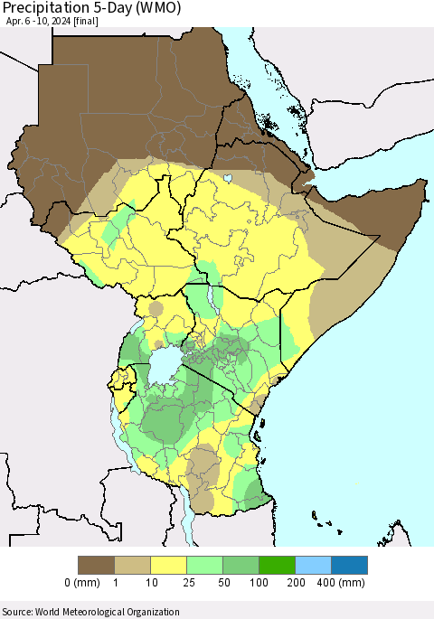 Eastern Africa Precipitation 5-Day (WMO) Thematic Map For 4/6/2024 - 4/10/2024