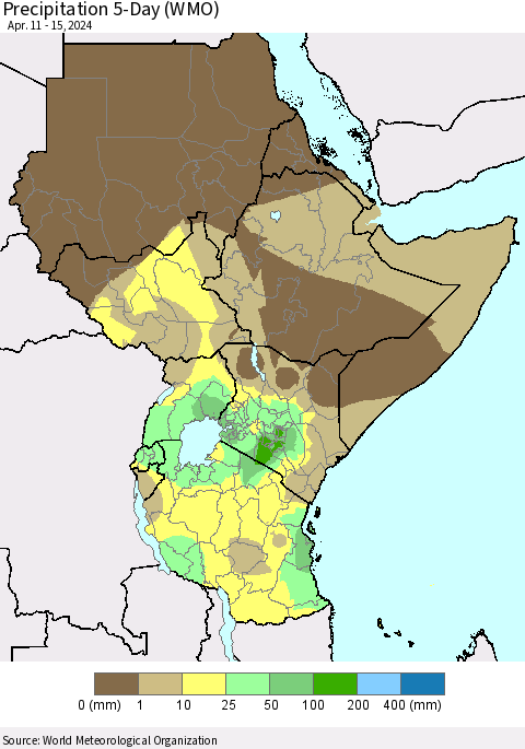Eastern Africa Precipitation 5-Day (WMO) Thematic Map For 4/11/2024 - 4/15/2024