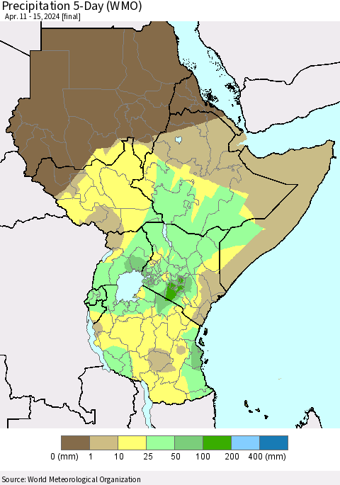Eastern Africa Precipitation 5-Day (WMO) Thematic Map For 4/11/2024 - 4/15/2024