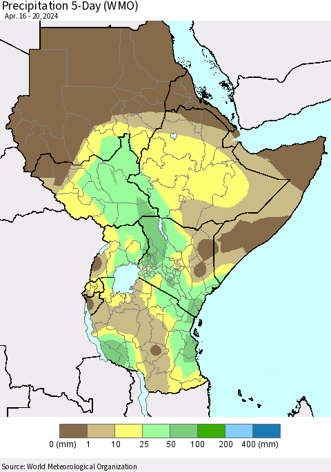 Eastern Africa Precipitation 5-Day (WMO) Thematic Map For 4/16/2024 - 4/20/2024