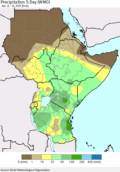 Eastern Africa Precipitation 5-Day (WMO) Thematic Map For 4/21/2024 - 4/25/2024