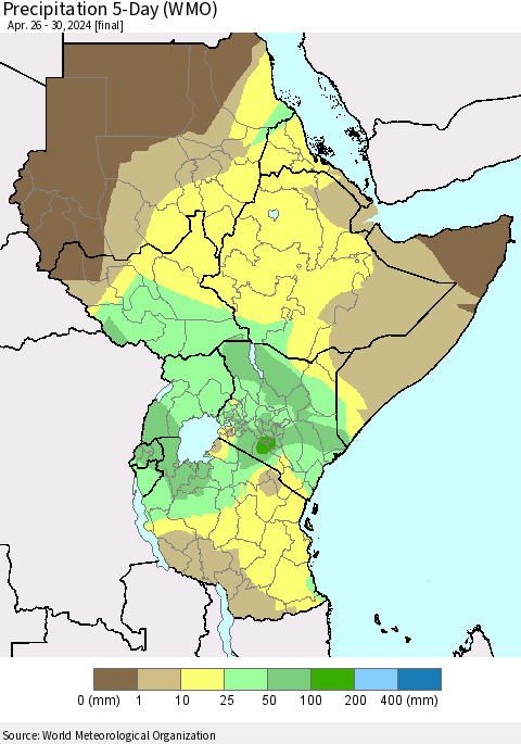 Eastern Africa Precipitation 5-Day (WMO) Thematic Map For 4/26/2024 - 4/30/2024