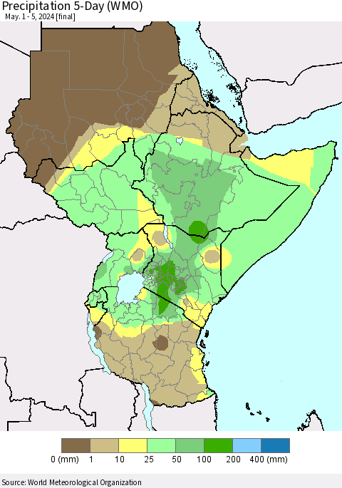 Eastern Africa Precipitation 5-Day (WMO) Thematic Map For 5/1/2024 - 5/5/2024