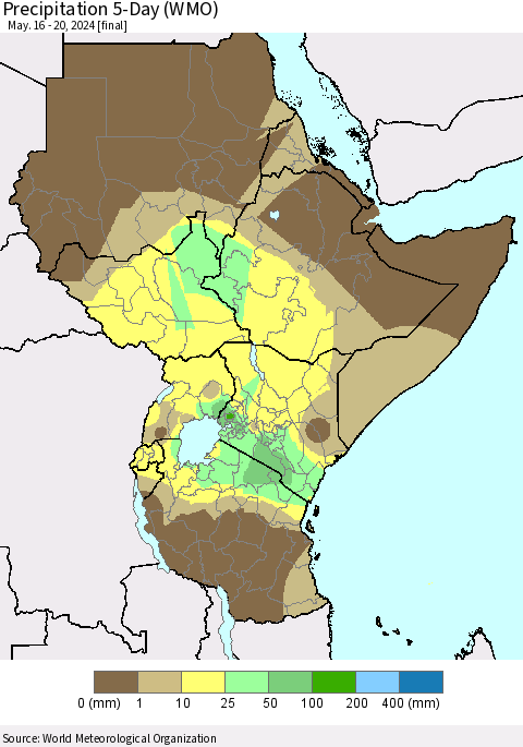 Eastern Africa Precipitation 5-Day (WMO) Thematic Map For 5/16/2024 - 5/20/2024