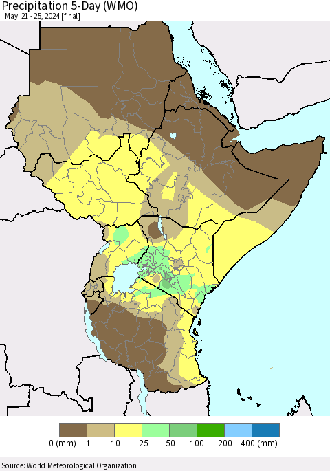 Eastern Africa Precipitation 5-Day (WMO) Thematic Map For 5/21/2024 - 5/25/2024
