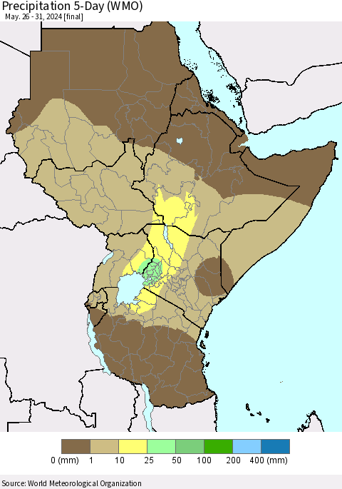 Eastern Africa Precipitation 5-Day (WMO) Thematic Map For 5/26/2024 - 5/31/2024