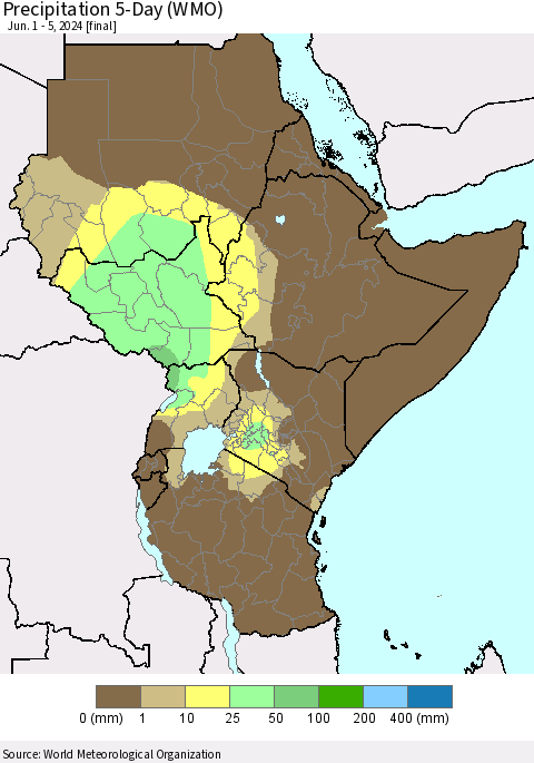 Eastern Africa Precipitation 5-Day (WMO) Thematic Map For 6/1/2024 - 6/5/2024