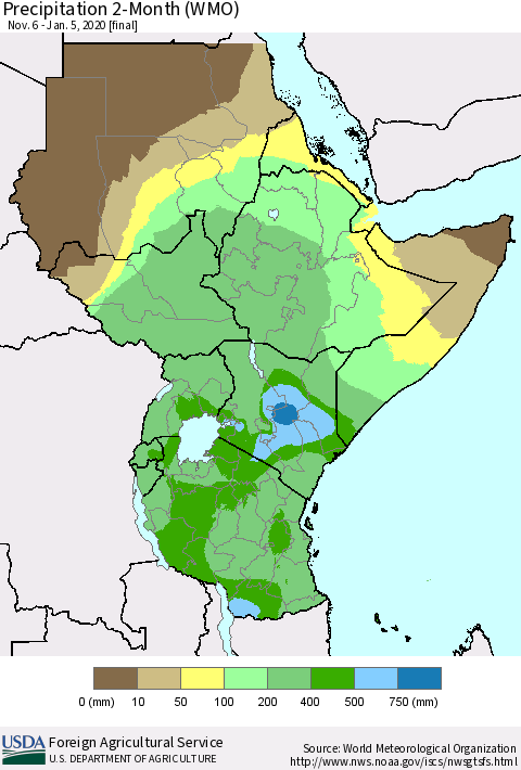 Eastern Africa Precipitation 2-Month (WMO) Thematic Map For 11/6/2019 - 1/5/2020