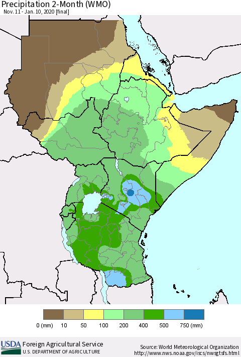 Eastern Africa Precipitation 2-Month (WMO) Thematic Map For 11/11/2019 - 1/10/2020