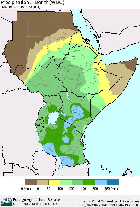 Eastern Africa Precipitation 2-Month (WMO) Thematic Map For 11/16/2019 - 1/15/2020