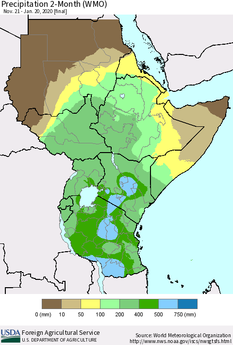 Eastern Africa Precipitation 2-Month (WMO) Thematic Map For 11/21/2019 - 1/20/2020