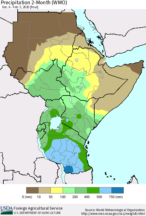 Eastern Africa Precipitation 2-Month (WMO) Thematic Map For 12/6/2019 - 2/5/2020