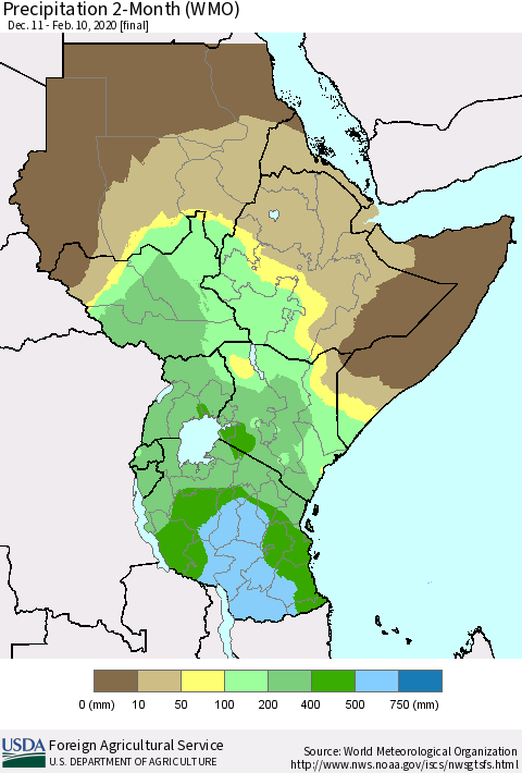 Eastern Africa Precipitation 2-Month (WMO) Thematic Map For 12/11/2019 - 2/10/2020