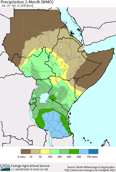 Eastern Africa Precipitation 2-Month (WMO) Thematic Map For 12/16/2019 - 2/15/2020