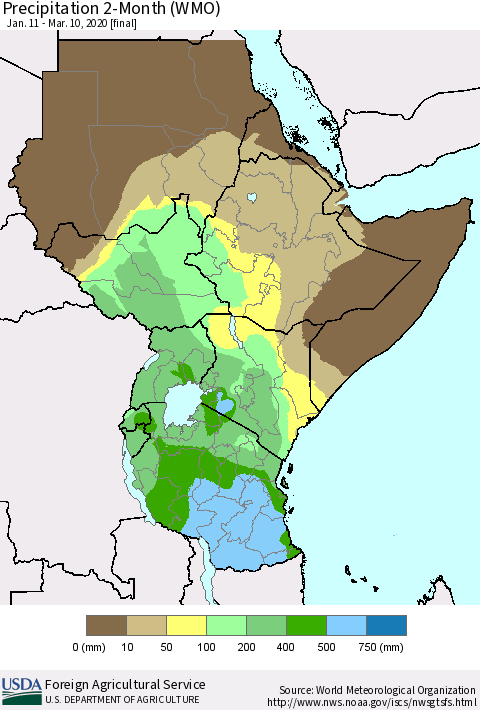Eastern Africa Precipitation 2-Month (WMO) Thematic Map For 1/11/2020 - 3/10/2020