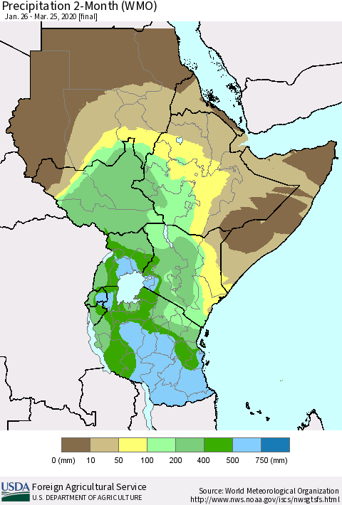 Eastern Africa Precipitation 2-Month (WMO) Thematic Map For 1/26/2020 - 3/25/2020