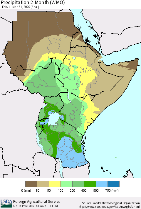 Eastern Africa Precipitation 2-Month (WMO) Thematic Map For 2/1/2020 - 3/31/2020