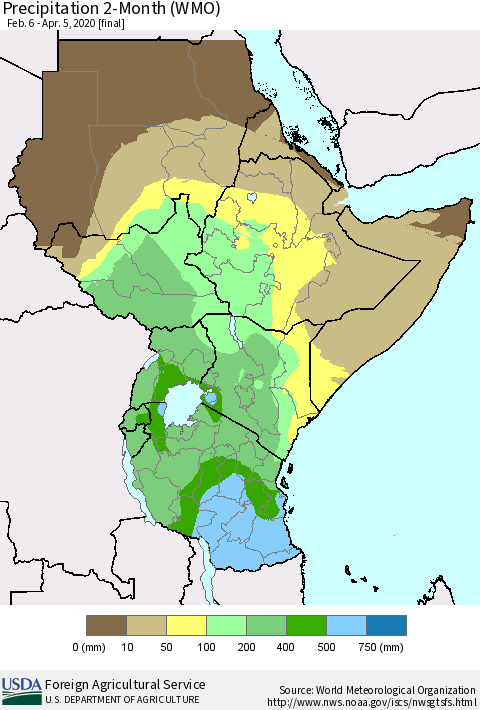Eastern Africa Precipitation 2-Month (WMO) Thematic Map For 2/6/2020 - 4/5/2020