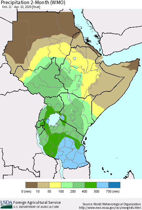 Eastern Africa Precipitation 2-Month (WMO) Thematic Map For 2/11/2020 - 4/10/2020
