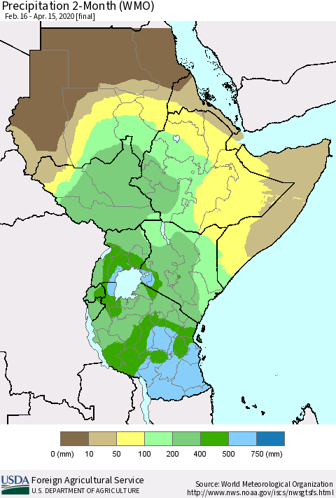 Eastern Africa Precipitation 2-Month (WMO) Thematic Map For 2/16/2020 - 4/15/2020