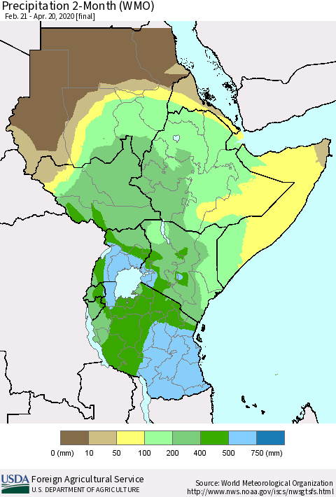 Eastern Africa Precipitation 2-Month (WMO) Thematic Map For 2/21/2020 - 4/20/2020