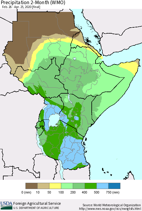 Eastern Africa Precipitation 2-Month (WMO) Thematic Map For 2/26/2020 - 4/25/2020
